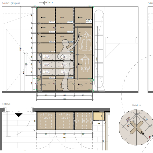 Stolárske výkresy interiéru – detská izba a úložné priestory, pôdorysy, rezy a pohľady s detailmi nábytku a ergonomických rozmerov.