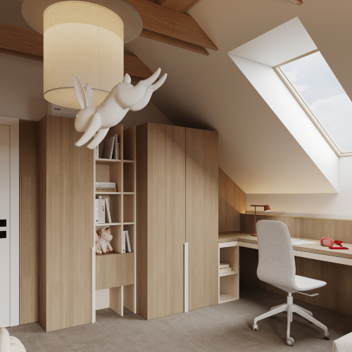 Moderná detská izba s veľkou TV stenou, vystavenými futbalovými dresmi a tmavým nábytkom.