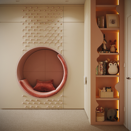 Detská izba v ružových tónoch s kruhovým sedením a hravými doplnkami.