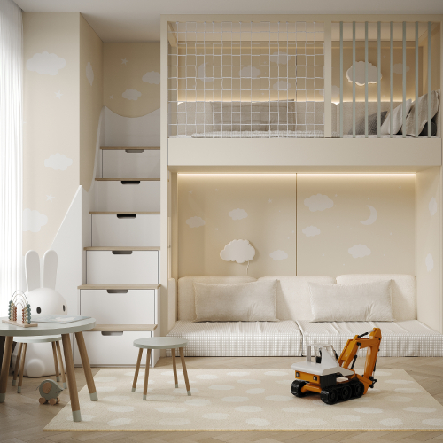 Svetlá detská izba s poschodovou posteľou, úložnými schodíkmi, hracím kútikom a jemnou krémovou výzdobou s oblakmi.