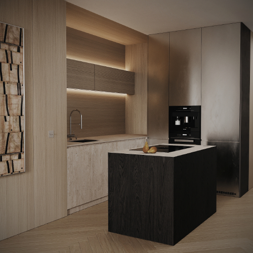 Moderná minimalistická kuchyňa s travertínovou pracovnou doskou, dubovým obkladom a čiernym kuchynským ostrovom – dizajnový interiér s čistými líniami, vstavanými spotrebičmi a ambientným LED podsvietením.