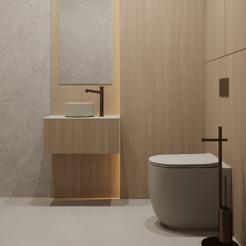 Minimalistická WC miestnosť so svetlým drevom, kamennou stenou a malým umývadlom.